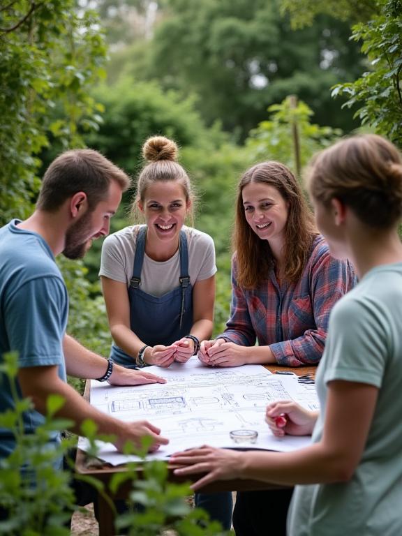 The BanyanVerve team collaborating on a landscape design plan in a garden setting.
