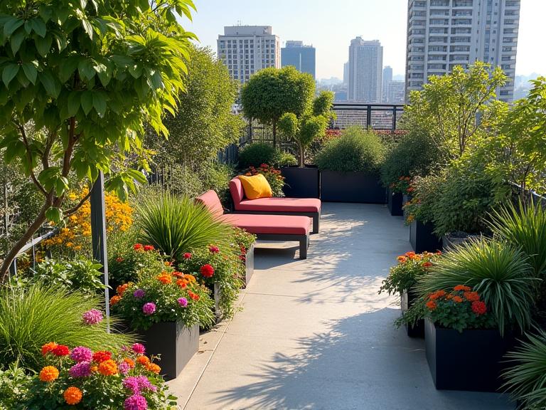The same rooftop filled with planters, flowers, and a small seating area.