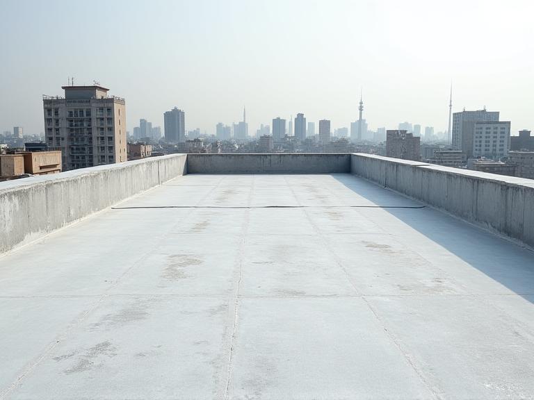 An empty, concrete rooftop terrace in Aundh.