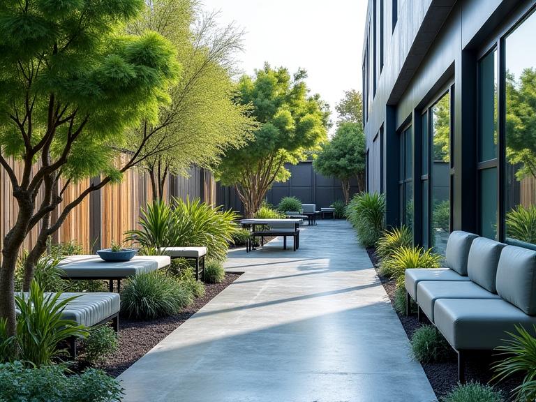 The plot transformed into a modern, low-water garden with seating areas.