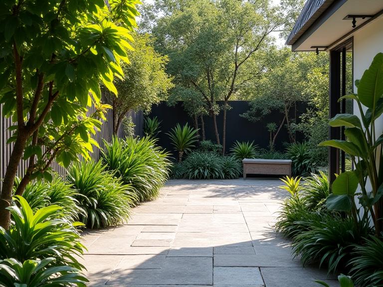 The same backyard transformed into a lush garden with a stone patio.