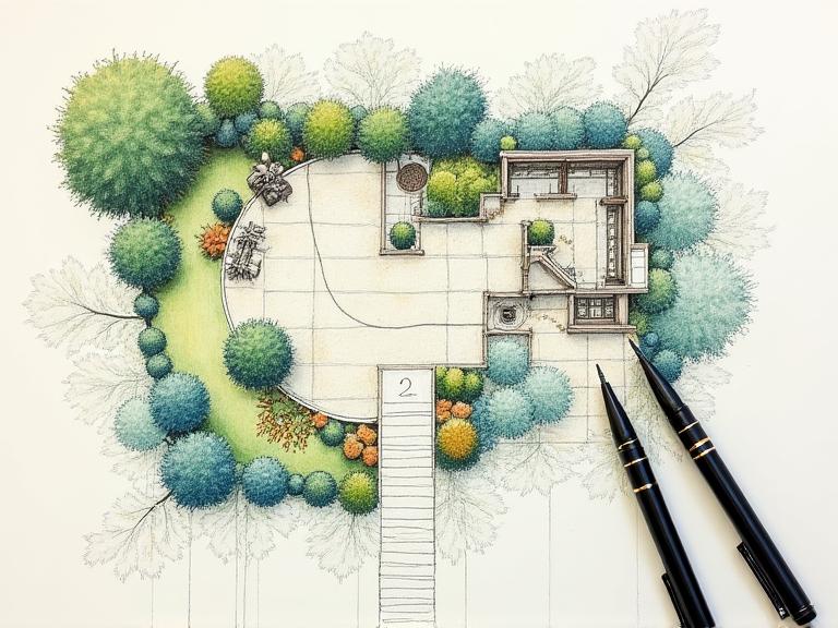A detailed architectural sketch of a garden layout.