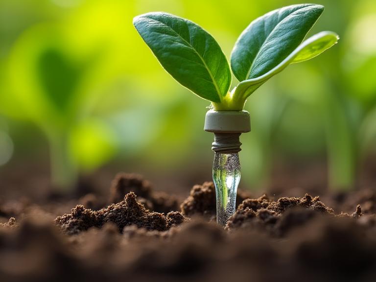 Close-up of a drip irrigation emitter watering a plant base.