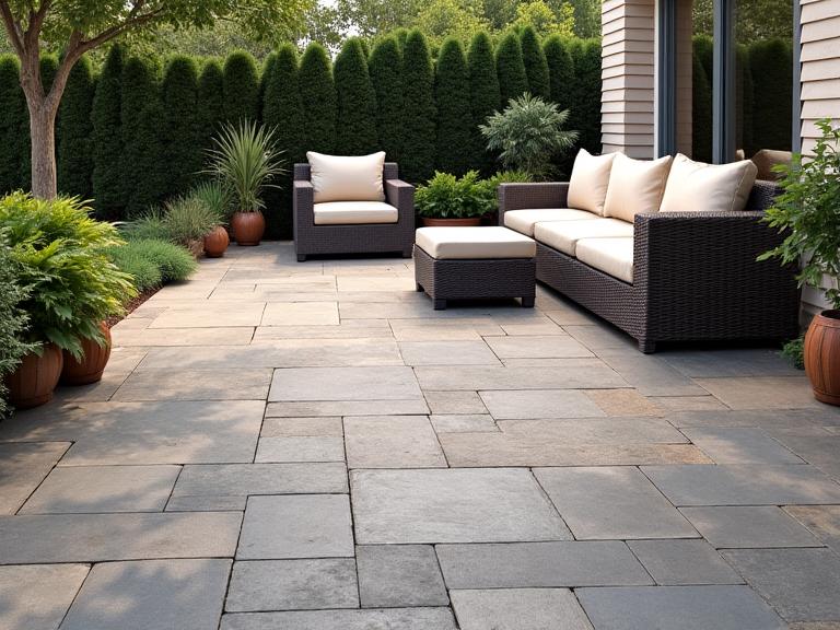A newly installed stone patio with outdoor furniture.
