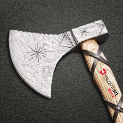1. Large axe with wooden handle and silver blade.